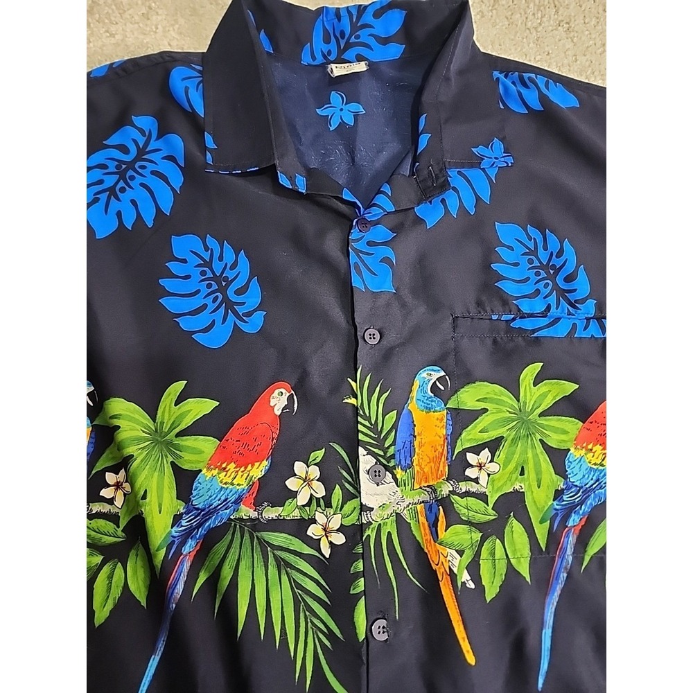 Rima Parrot Hawaiian Shirt Mens XXL Black Blue Tropical Macaw Cockatoo Print
